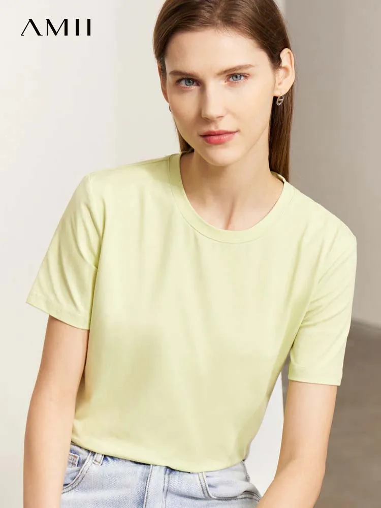 

Amii Minimalist T-shirt for Women Chic 2023 Spring New Round Neck Versatile Slim Solid Fit Elastic Short Sleeve Tops 12342270
