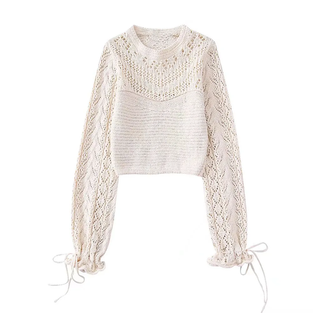 

PB & ZA new women's fashion temperament commuting all-match beige jacquard mesh cloth hollow round neck short sweater sweater