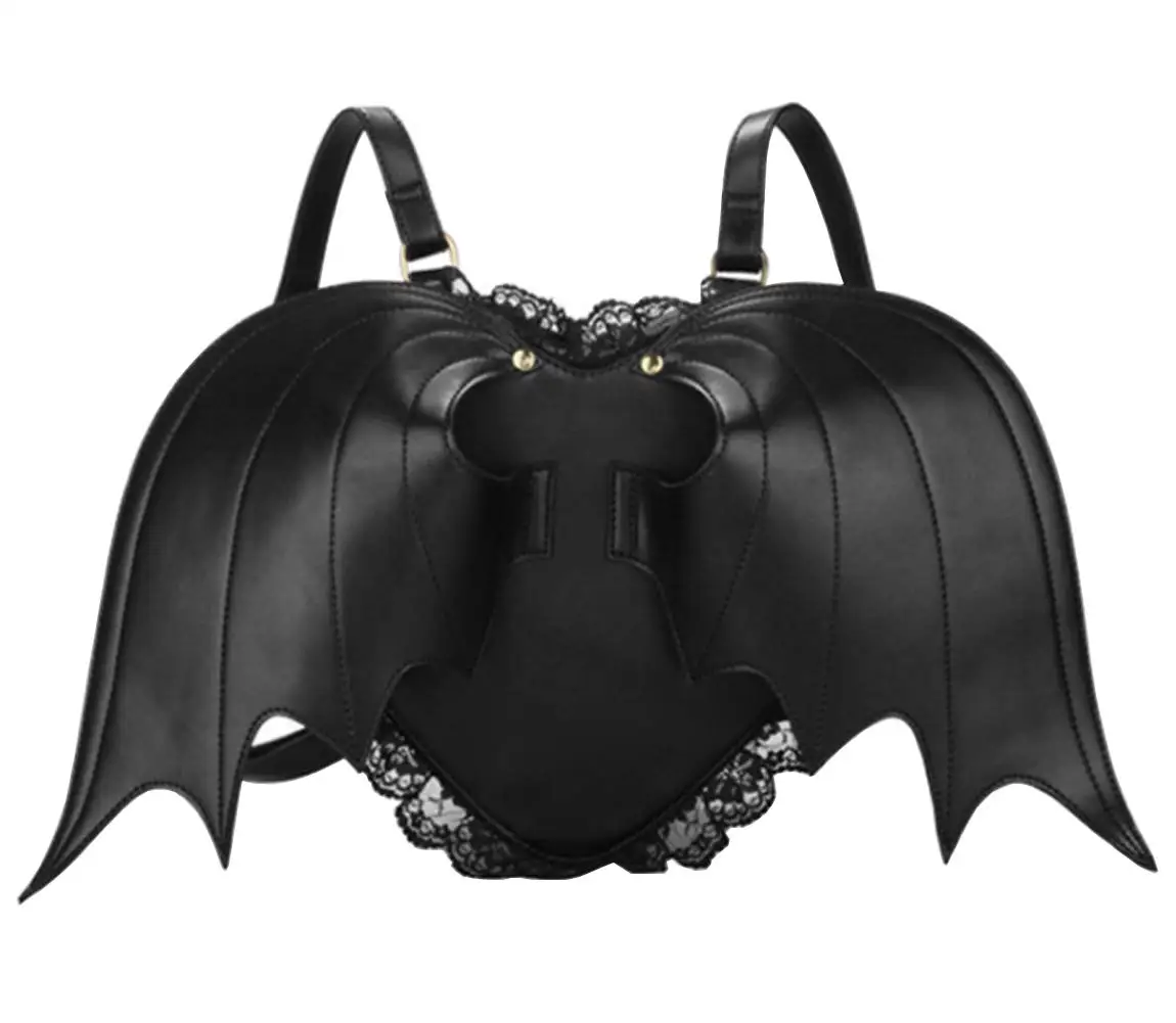

Quality fashion Backpacks Women Leather Heart-shaped Bat Backpack Shoulder Bag Punk School Bag For Teenager Angel Wings Daypack