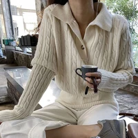 clothland women elegant khaki white knitting sweater polo neck long sleeve stretchy pullover warm autumn winter chic tops ha222