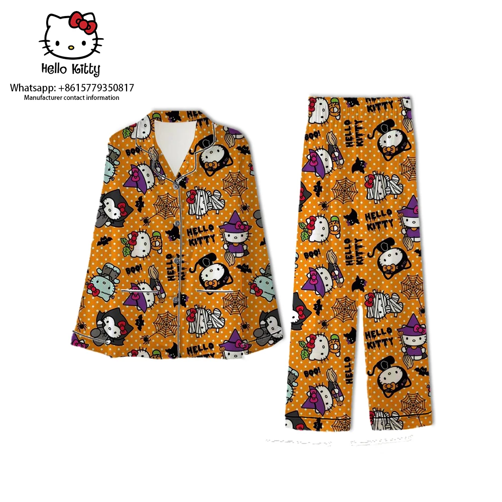 

Halloween Hello Kitty pajamas pocket cardigan pajama pants 2 pieces cute female all-match cartoon casual home pants