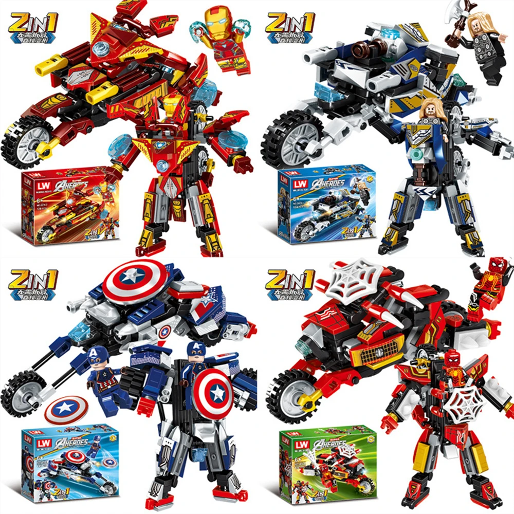 

2 IN 1 Disney spiderman Avengers Clan Transforming Mecha Motorcycle Model Building Blocks Sets Classic Dolls Kids Gift Toys