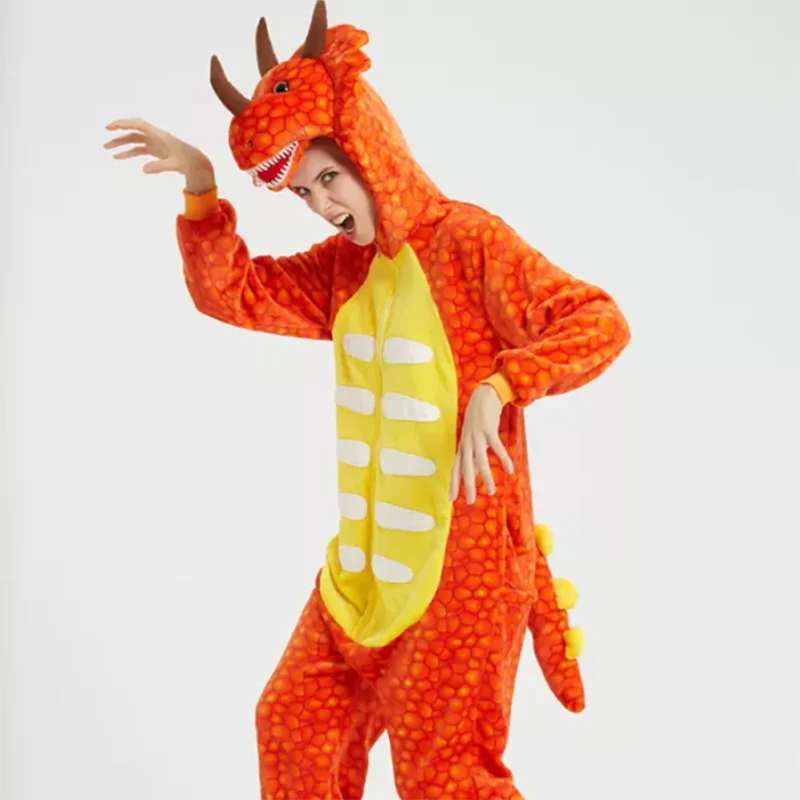 Family Kigurumi Pajamas Orange Triceratops Animal Onesie Cosplay Costume Pajamas For Kids and Adults With Slippers