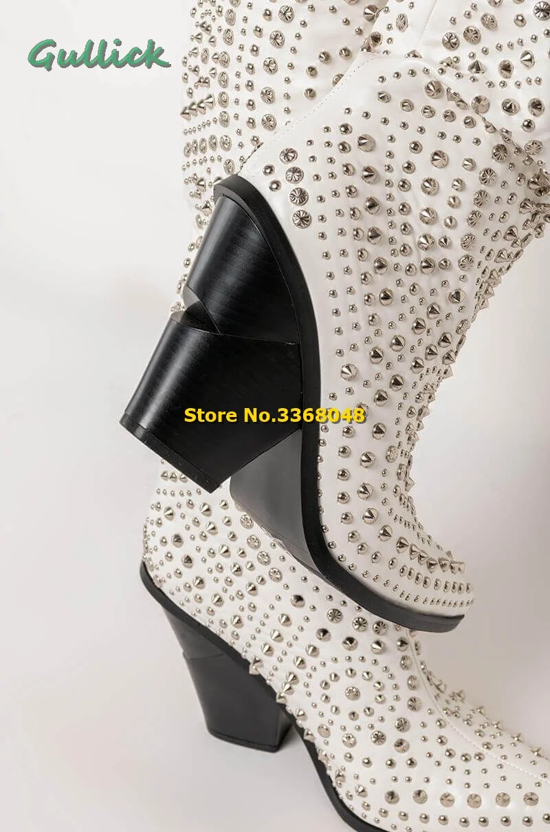 West Chunky Cowboy Boot Studded Pointy Toe Block Heel Knee High Crystal Handmade Winter Boots White Slip On Women Fashion Shoes