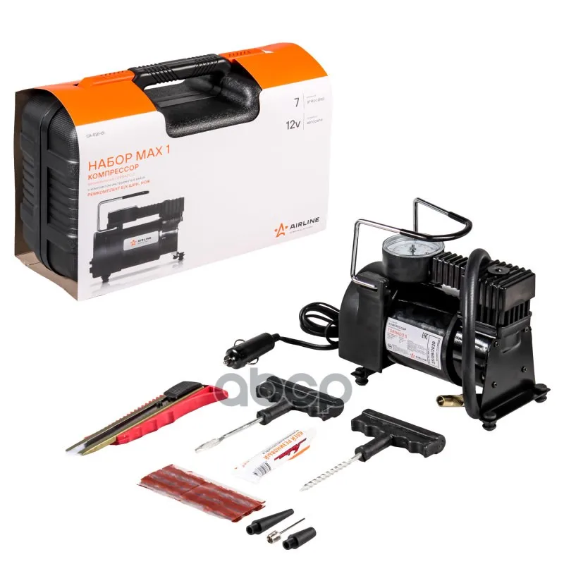 Компрессор Металлический 30л/Мин В Прикуриватель Airline Tornado S С Ремкомплектом Для Бескамерных  Шин, 7атм AIRLINE арт. CA...