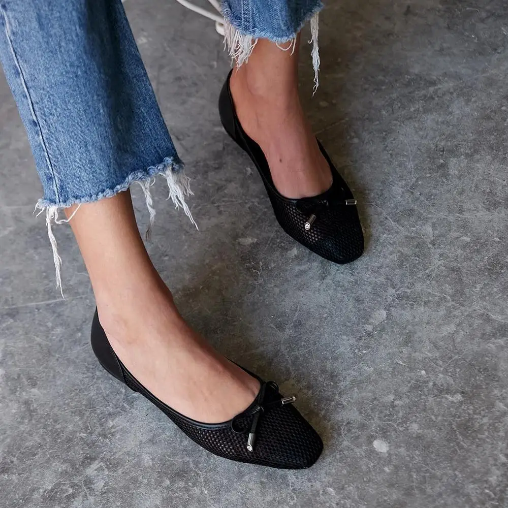 Grace Interior Quality Faux Leather Exterior Mesh Bow and Glass Stone Detailed Ballet Poshnmore Nude Black Summer Shoes