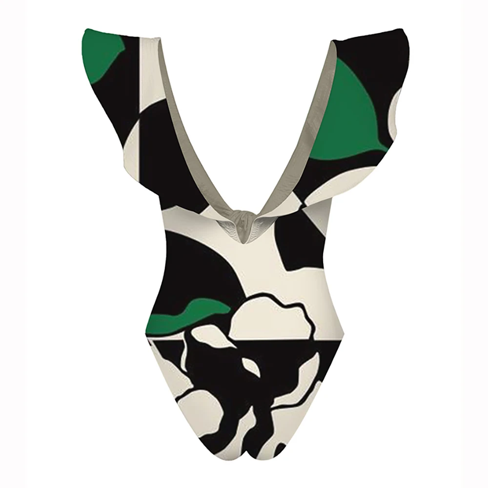 Deep-v Beachwear Ruffle Print Chic One Piece Swimsuits with Skirt Sexy Lace Up Swimwear Triangle Bikini Set Vintage Bathing Suit