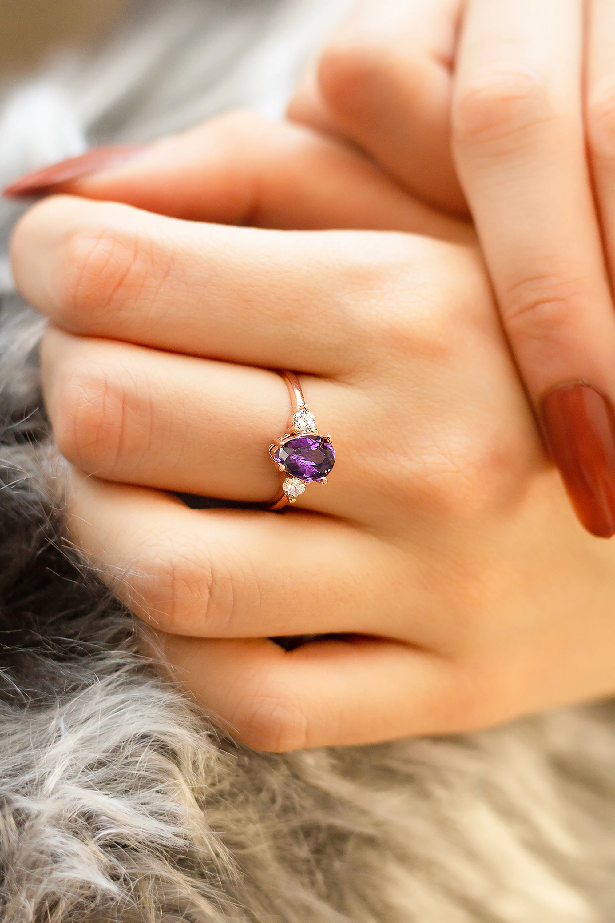 

Purple Ametist Zircon Oval Adjustable Ring With White Gemstone, 925 Sterling Silver, Gift for Her