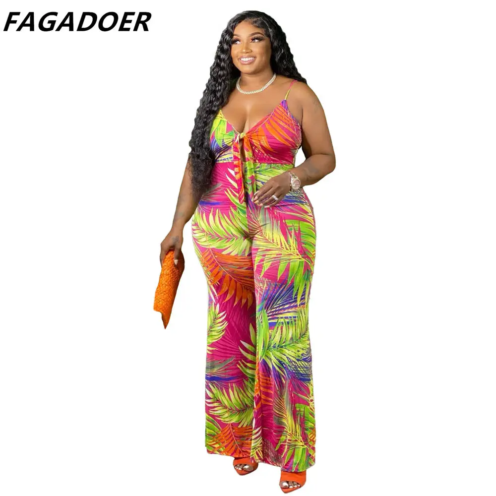 FAGADOER XL-4XL Floral Print Sexy Jumpsuits Deep V Sleeveless Plus Size Women Clothing Long Rompers Fashion One Piece Beach Wear