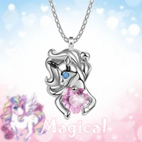 exquisite heart pink crystal unicorn pendant necklace for girl fashion princess fairy tale necklace party jewelry birthday gifts