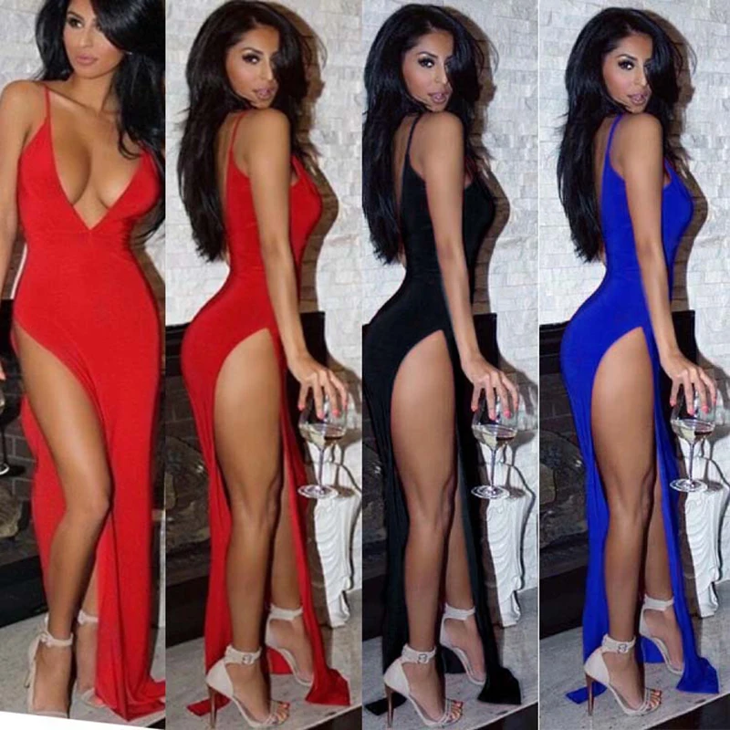 

Deep Plunge Dress Clubwear Sexy Open Chest High Thigh Split Dress Spaghetti Strap Low Cut Bare Back Dress Maxi Party