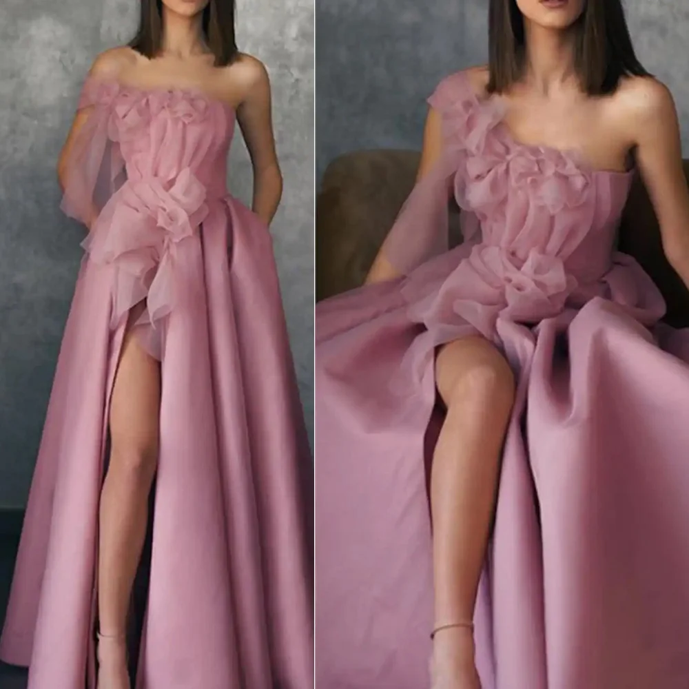 

Floral Prom Dresses One Shoulder Sleeveless Floor Length Formal Evening Birthday Dress Stretch Satin with Appliques Split Front