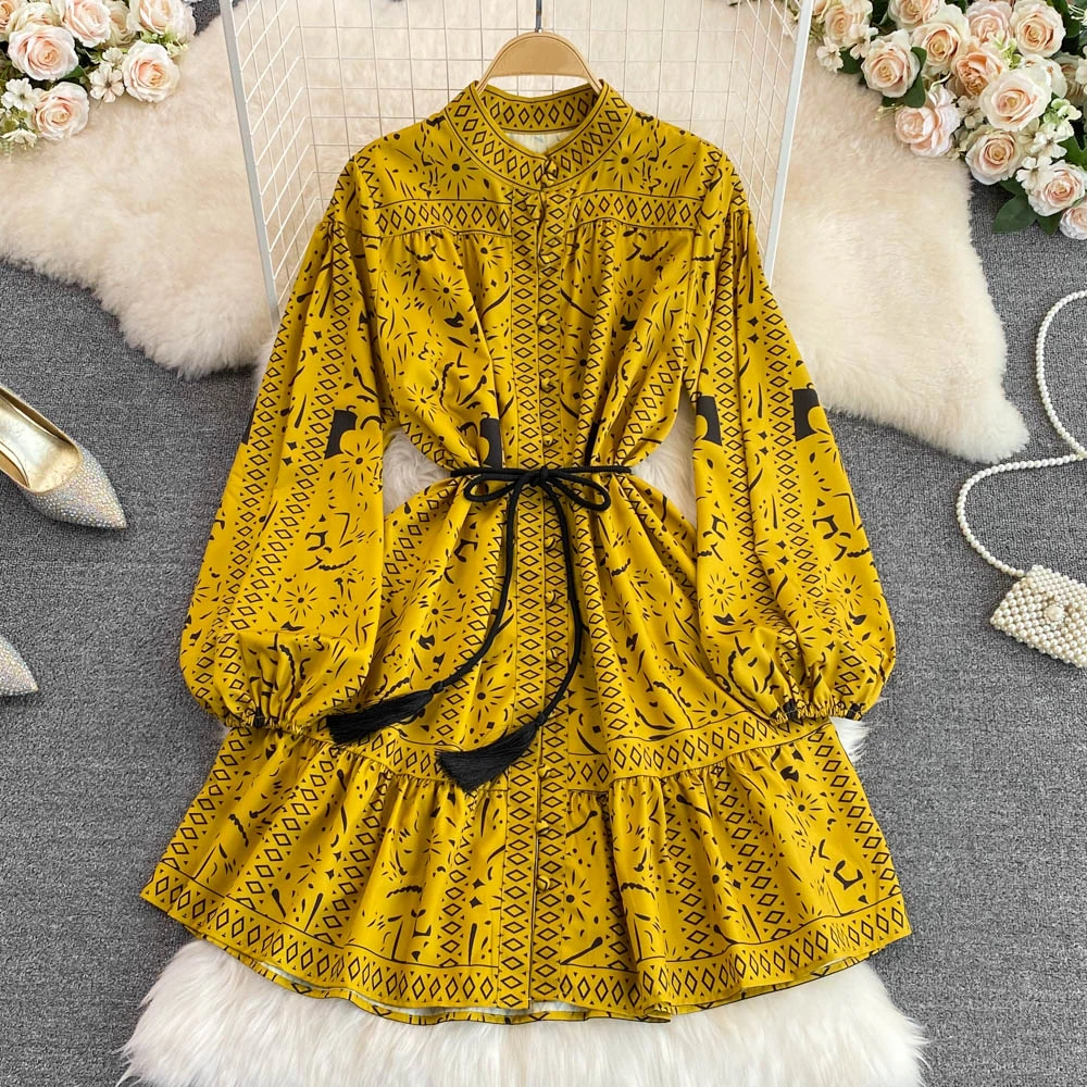 

Clothland Women Vintage Print Shirt Dress Tassels Sashes Long Lantern Sleeve One Piece Retro Casual Mini Dresses QB117