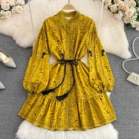 clothland women vintage print shirt dress tassels sashes long lantern sleeve one piece retro casual mini dresses qb117