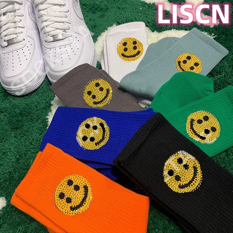 

LISCN 2023 New Harajuku Rhinestone Smiely Men Socks Colorful Cotton Stocking For Women Couple Street Fashion HipHop Accessories
