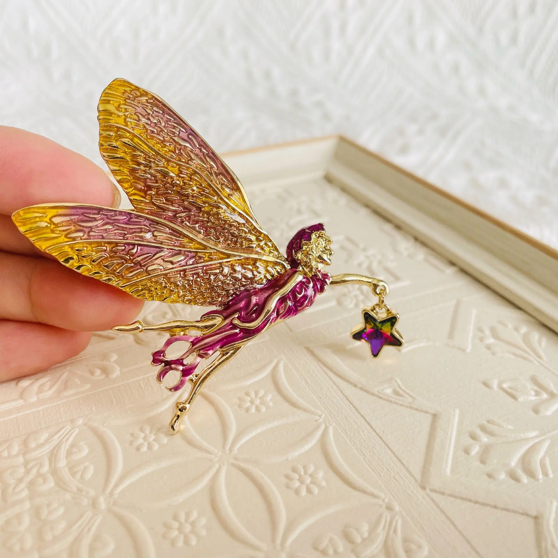 

Art Deco Jewelry Vintage Latest Beautiful Gold Plated Yellow Purple Enamel Wings Star Large Astral Angel Fairy Brooch for Women