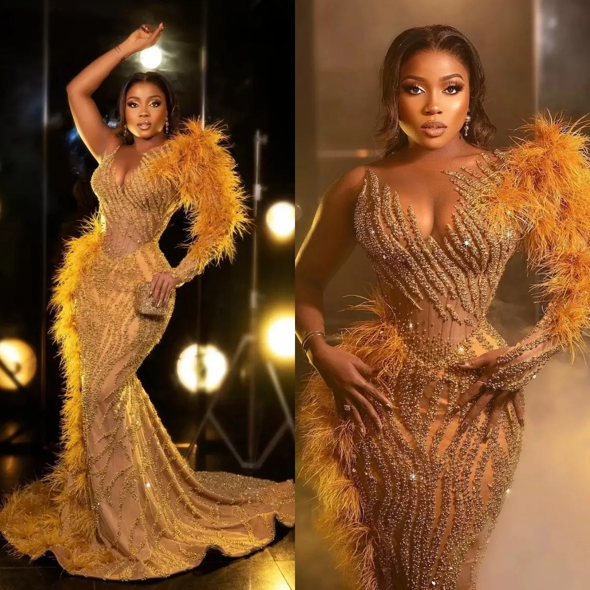 

Gold Luxury Feather Prom Dresses One Shoulder Long Sleeve Beaded Crystal Evening Gowns For Plus Size Women Vestidos Party Dress