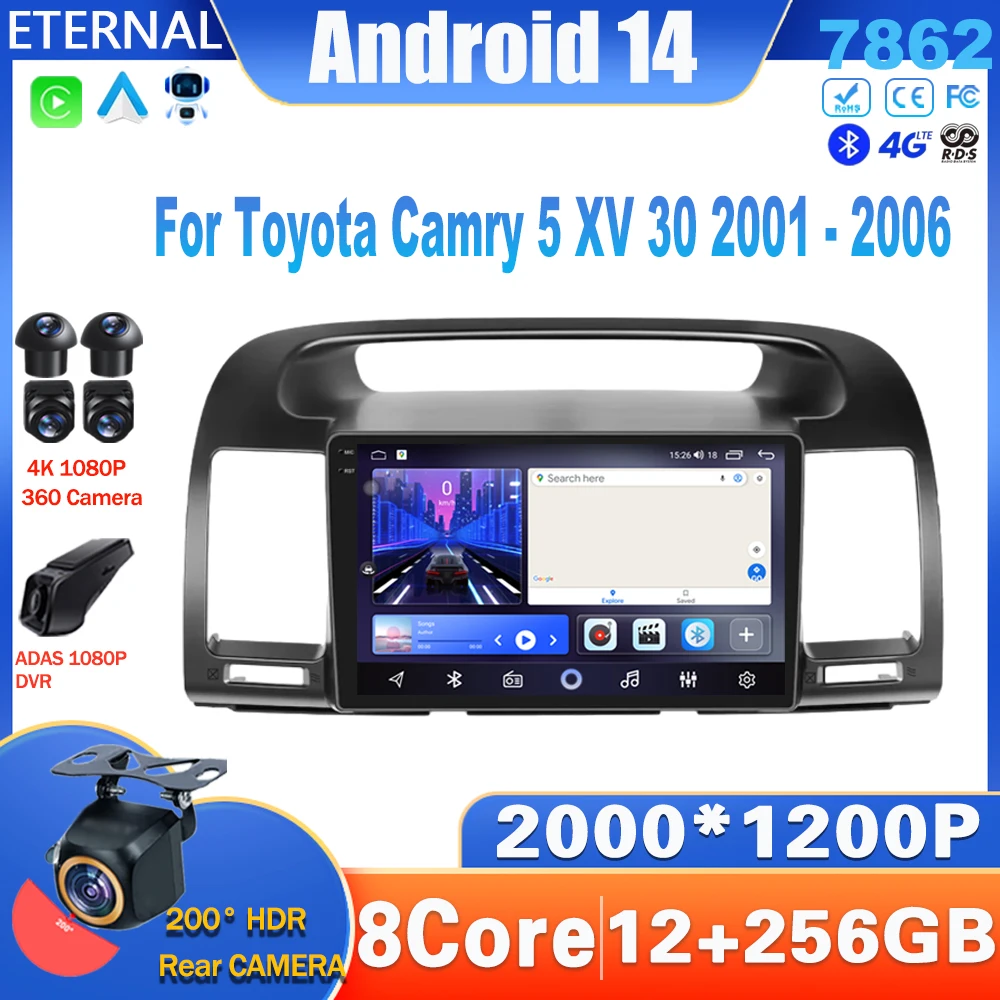 Автомобильный радиоприемник на Android 14 для Toyota Camry 5 XV 30 2001-2006 мультимедийный