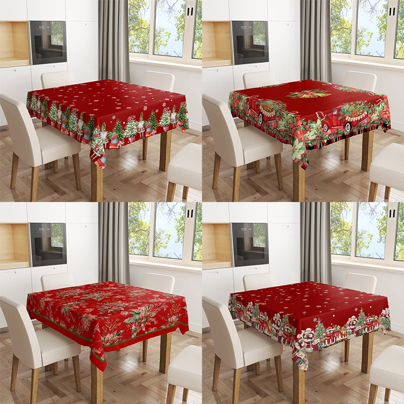 

Welcome Christmas Poinsettia Reindeers Robin On Trees Red Linen Decorative Tablecloth Dustproof Table Cover Multiple Size