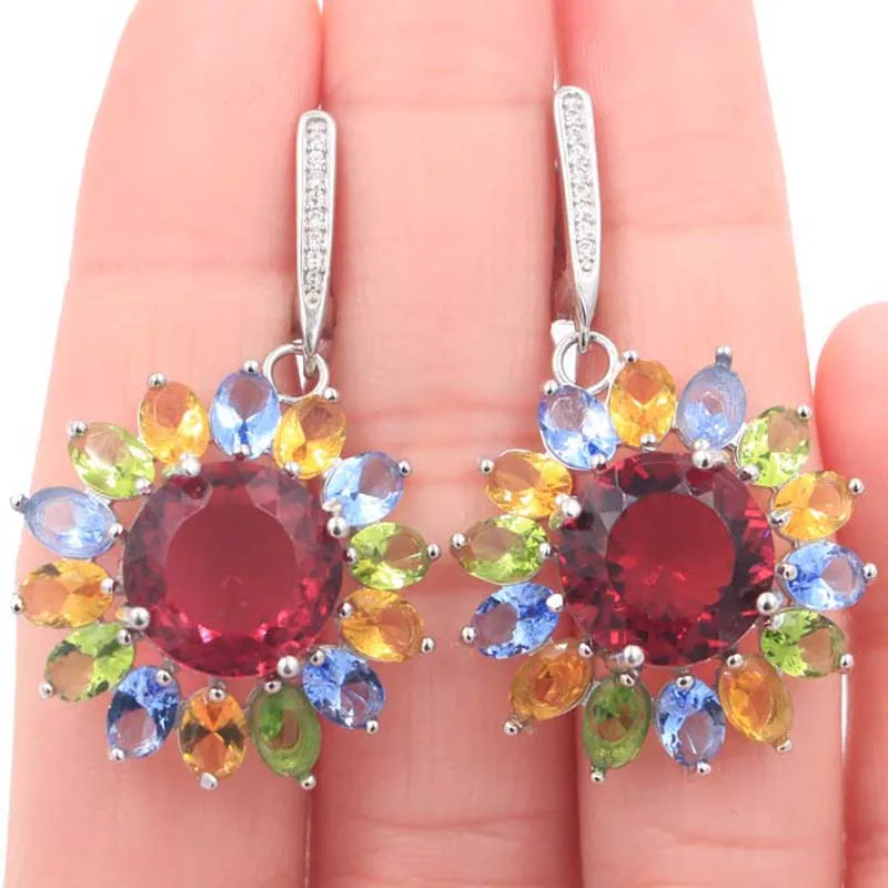 

42x26mm Multi Color 11g Round Pink Tourmaline Citrine Peridot Violet Tanzanite Engagement 925 Solid Sterling Silver Earrings