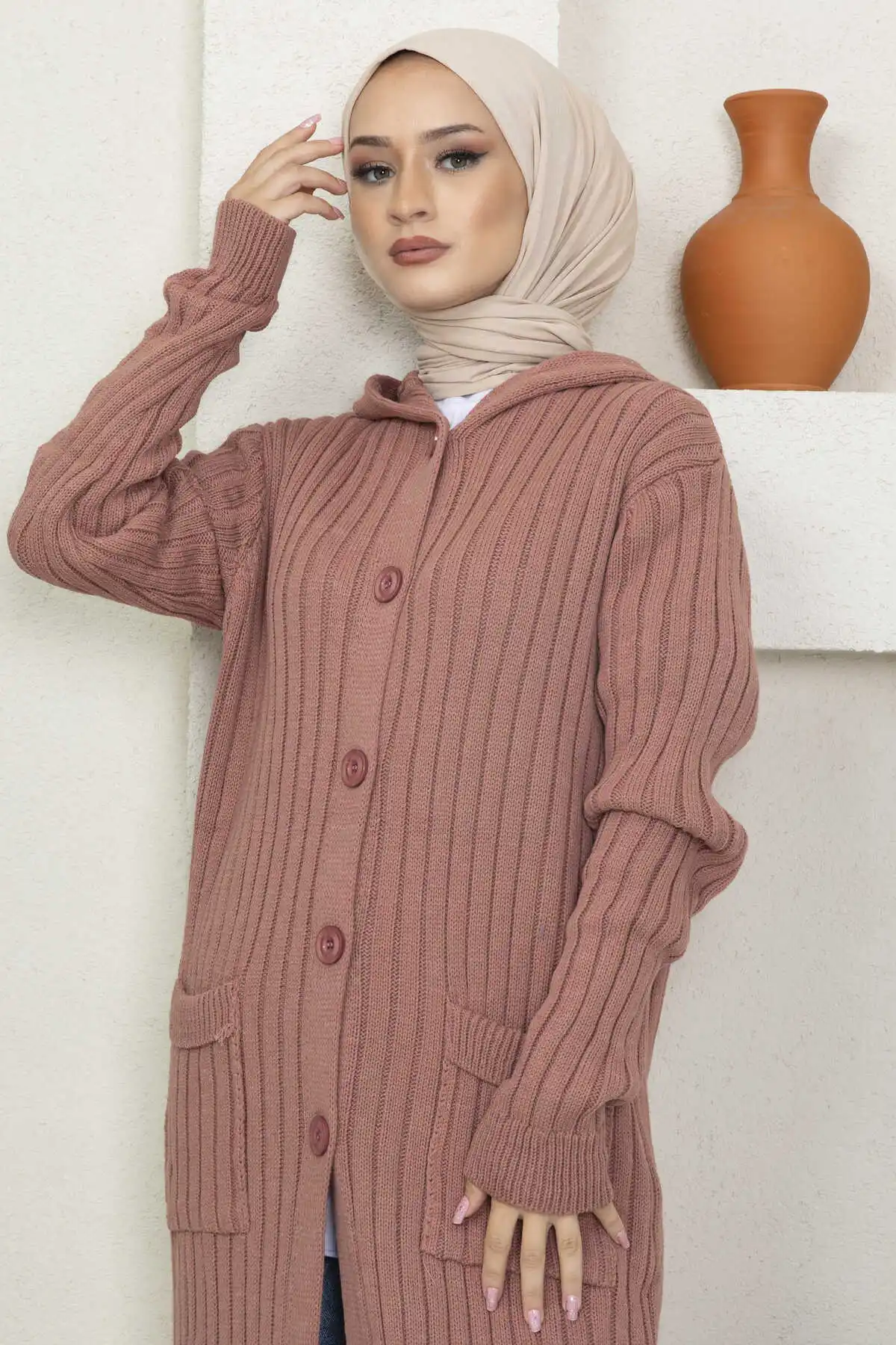 Women Clothing Button Detailed Hooded Knitwear Hijab Cardigan Abaya Fashion Tops 2022 Autumn Winter Loose Sweater Korean Long