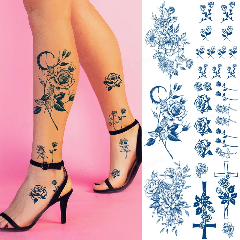 

Wholesale Juice Tattoo Sticker 8Pcs/lot Flowers Tattoo Fake Long Lasting Herbal Semi-permanent Tattoos Leg Breast Sleeve Women