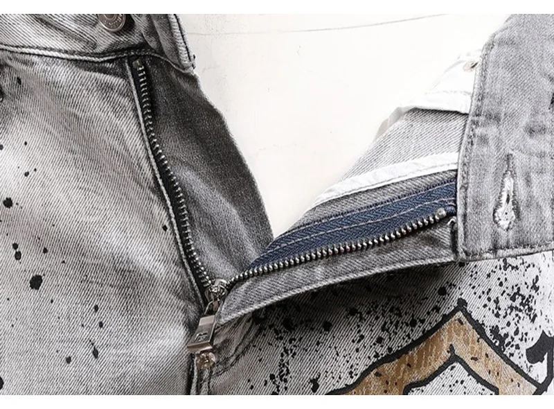 Fashion New Trendy Brand Personality Washed Light Gray Splashed Ink Grinding White Youth Trousers Slim-Fit Mid-Waist Jeans Men