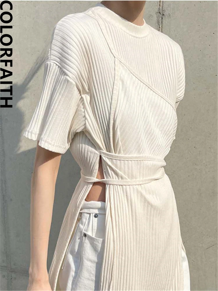 

Colorfaith New 2022 Pure Fashionable Chic Oversized Vintage Irregular Lace Up Cutout Split Lady Women Summer Long Dresses DR1978