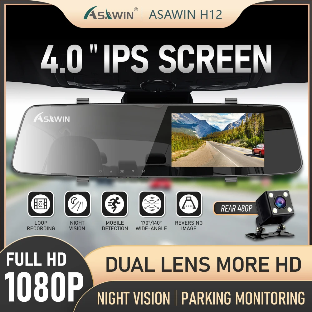 

Asawin H12 RearView Mirror Dashcam For Car Dual Lens IPS Car Camera Video Recorder 4 in IPS 1080P front and back