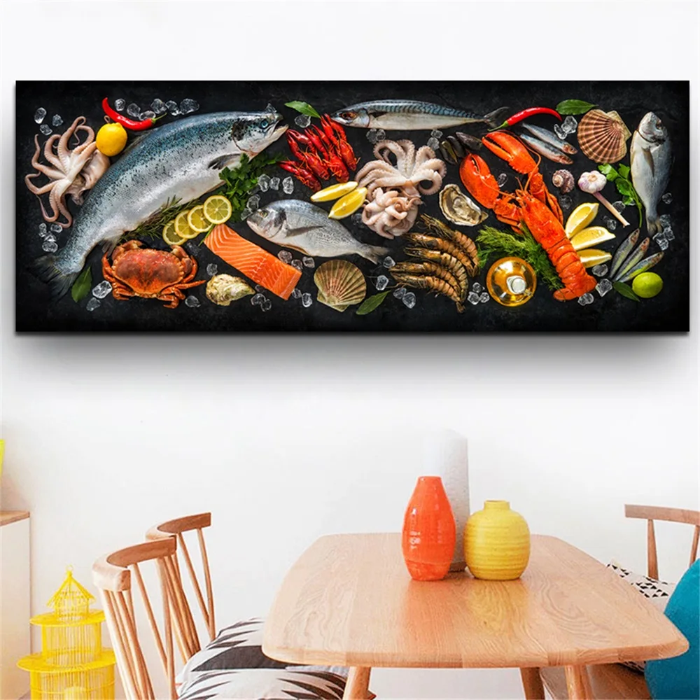 Постеры и принты на холсте с изображением рыбы морепродуктов для столовой кухни |