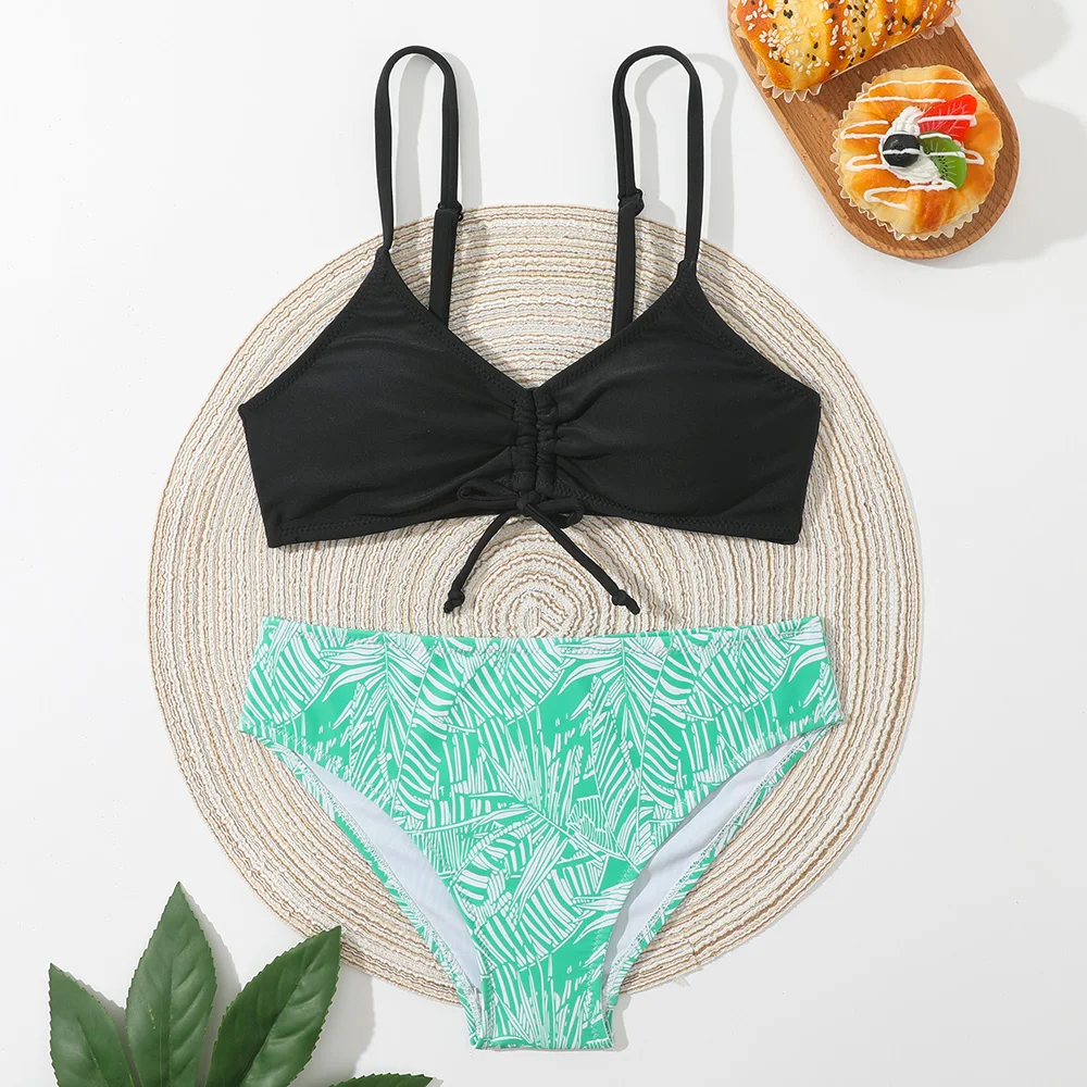 

7-16Years Girl Swimsuit Kids Triangle Bikini Set Tie Front Two Piece Children's Swimwear Padded Teen Bathing Suit 2022 Beachwear