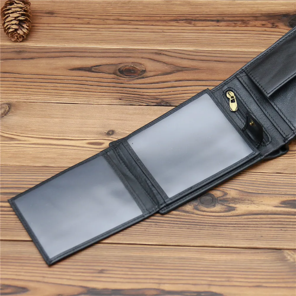 Classic Men's Genuine Leather Slim Wallet with Coin Pocket Vintage Male Credit Card ID Cards Holder Zipper Small Money Purse