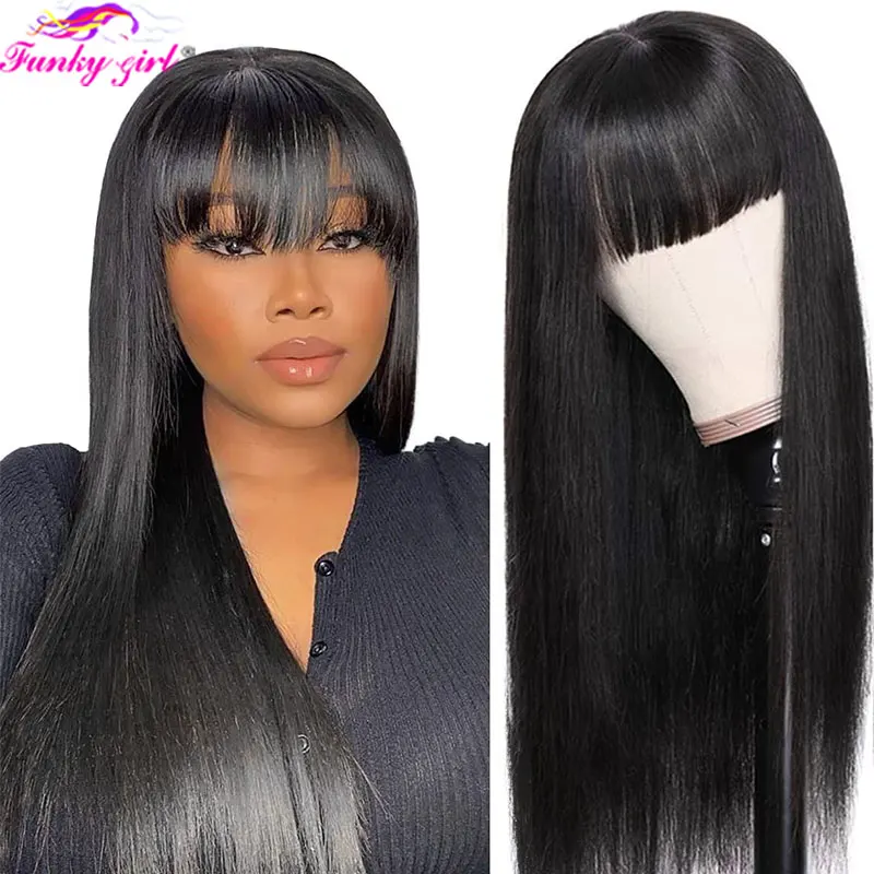 

Straight Human Hair Wigs For Women Brazilian Straight Wig With Bangs 10-26 Inch 150% Density Glueless Full Machine Made Wigs