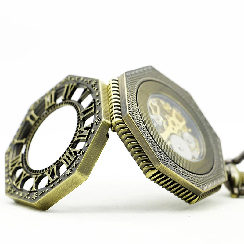 Vintage Bronze Skeleton Mechanical Hand Winding Pocket Watch Open Face Pendant Pocket Clock Thick Chain Antique Timepiece