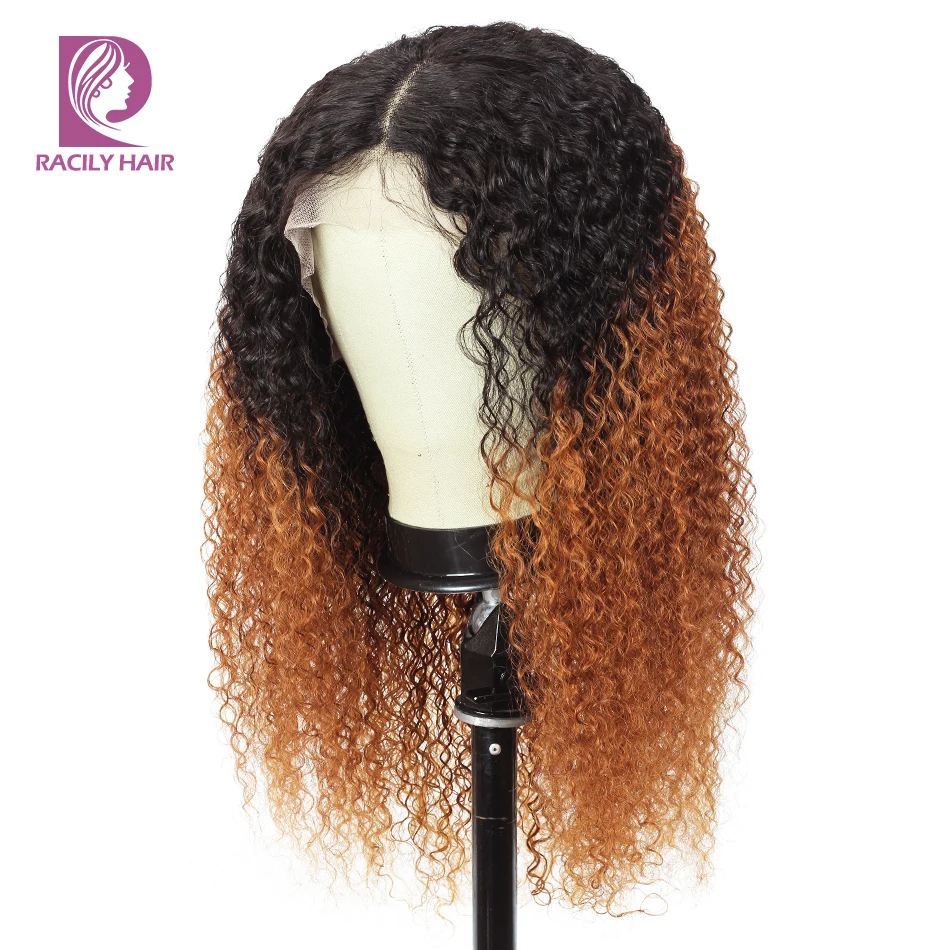 

Kinky Curly 13x4 Lace Frontal Human Hair Wigs With Pre-Plucked Baby Hair Brazilian Remy Hair T1B/30 Color For Women Racily Hair