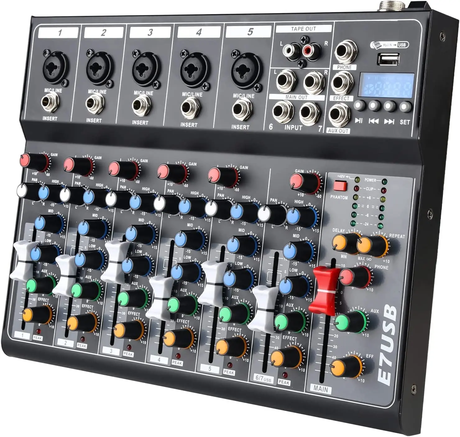 

Professional Mixer Audio 7-Channel Sound Mixing Board USB Bluetooth MP3 Computer Input 48V Phantom Power Stereo DJ Studio Stream