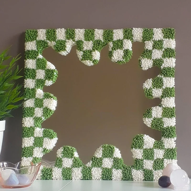 

LAKEA Tufted Mirror Unique Home Decoration Bedroom Wiggly Aesthetic Handmade Checkered Frame Mirror Makeup Punch Mirror Rug