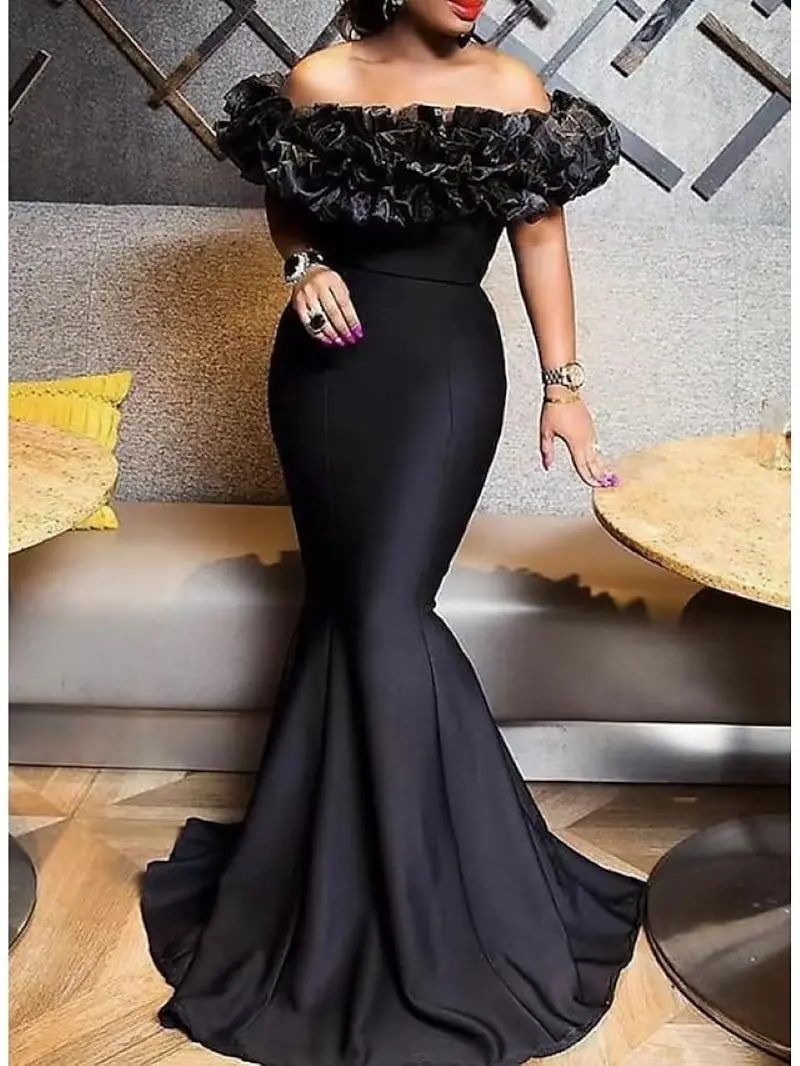 

Off The Shoulder Black Mermaid Prom Dress Sleeveless Sweep Strain Formal Party Gowns