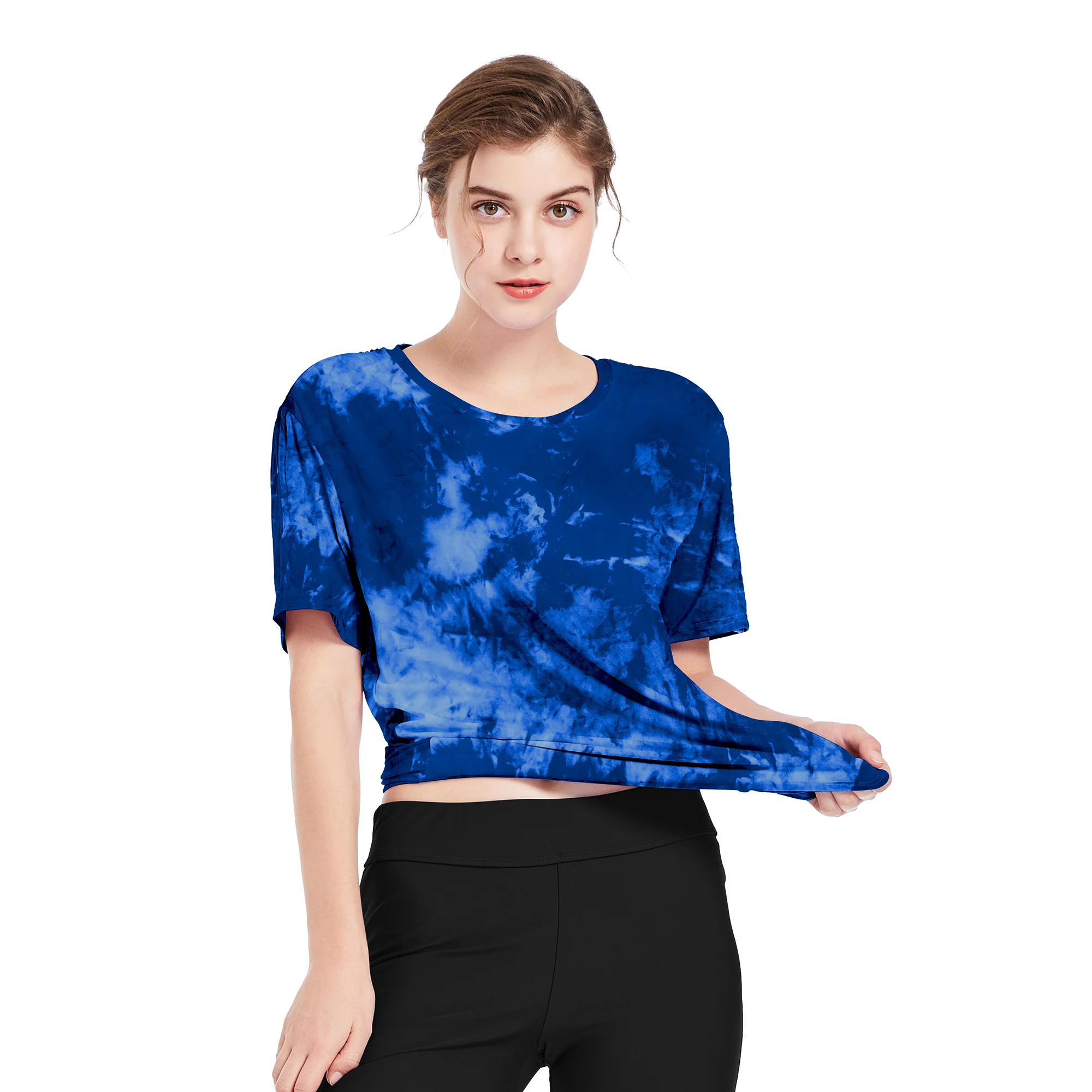 

SPRING SEASON Womens Shoulder Side Draw String Tie Dye Shirt Lady Summer Short Sleeve Casual Loose T Shirt Tops Girls Clothing