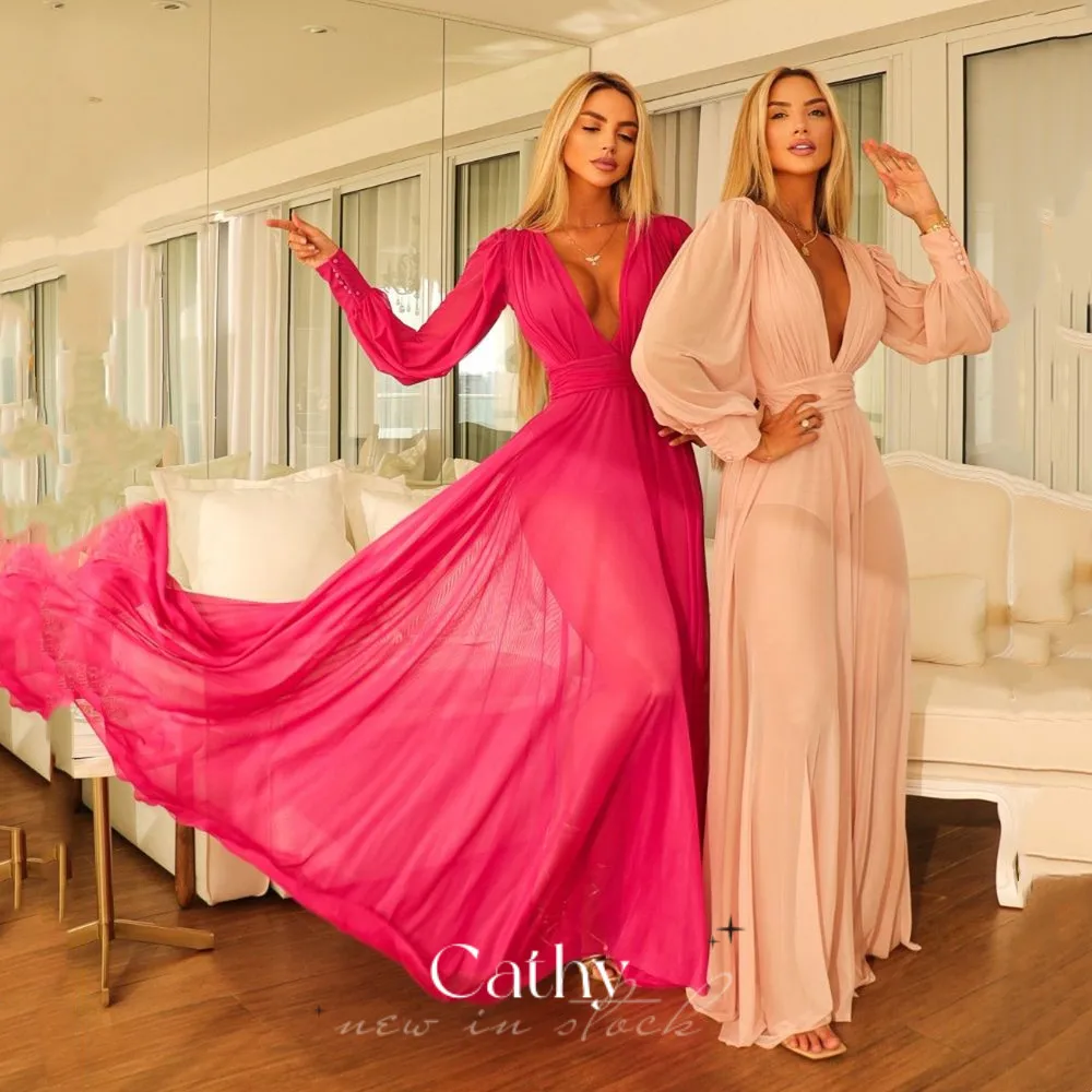 

Long Sleeves V-neck Prom Dress Comfy Chiffon Party Dresses Tulle Prom Dresses 2022 Luxury Gowns Grace Maxi Robes De Soirée