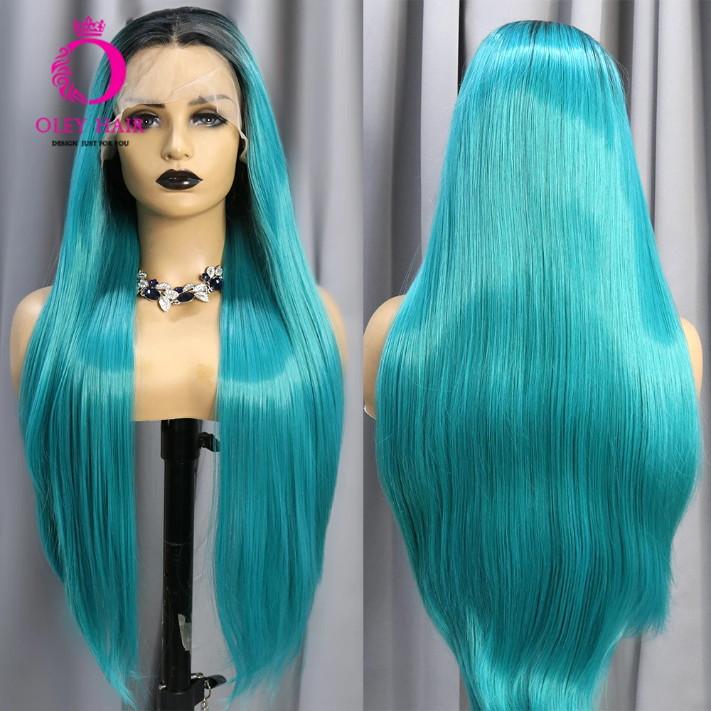 Ombre Light Green Colored Synthetic Heat Resistant 13x4 Lace Front  Straight Drag Queen Cosplay Wigs For Black Women Preplucked