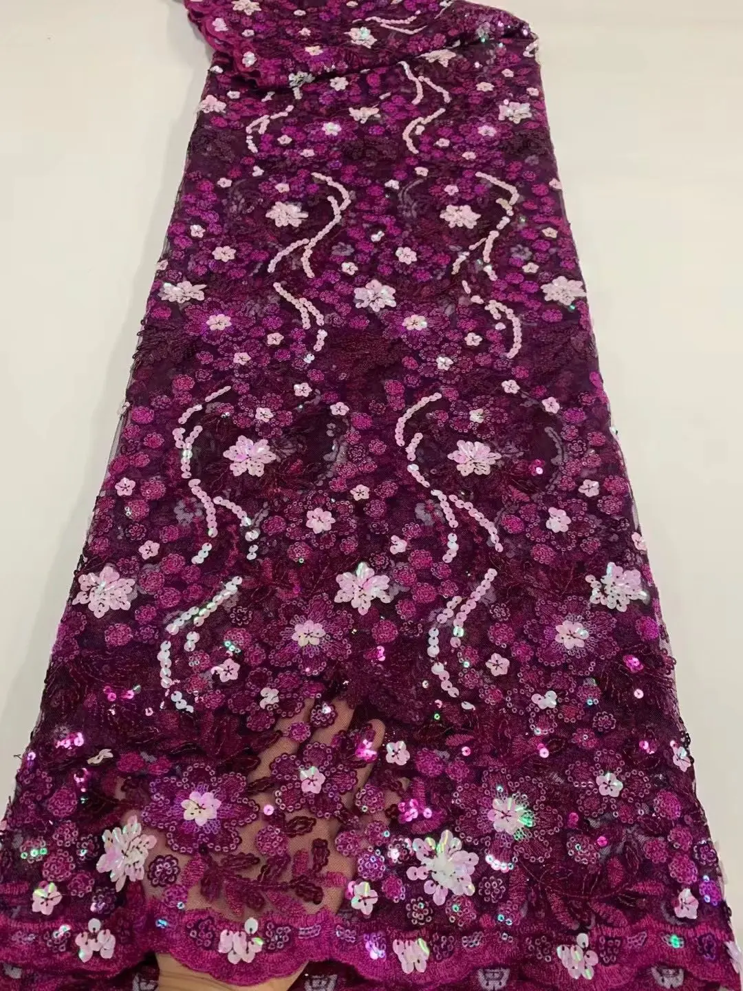 Maganta Embroidery Turtle Fabric Lace 5 Yards French Tulle Deep Fushia Purple With Small Shinning Sequins Flowers 2022 T0294