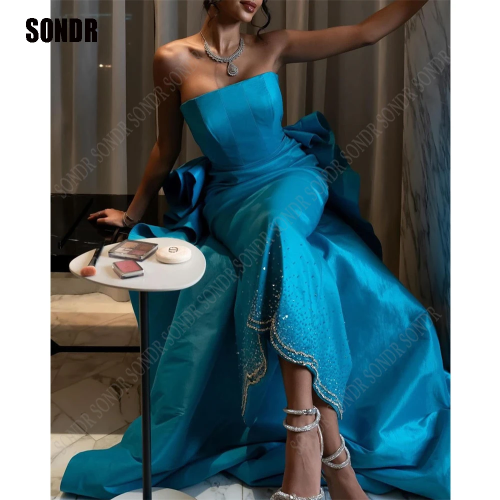 

SONDR Blue Shiny Saudi Arabic Prom Party Dresses Sequins Beadings Dubai Evening Banquet Dress Short Dubai Formal Event Gowns