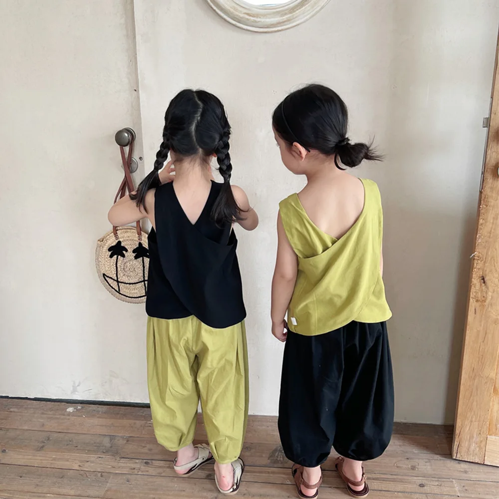 

2-9Year Girl's Vest 2022 Summer New Children's Clothes Cross Solid Color Baby Girl Vest Tops Kid's Thin Vest Tops
