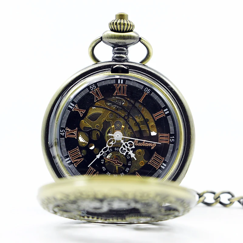 Retro Skeleton Gear Pocket Watches Mechanical Hand-winding Mens Steampunk Chain Fob Watches Gift Clock relogio masculino