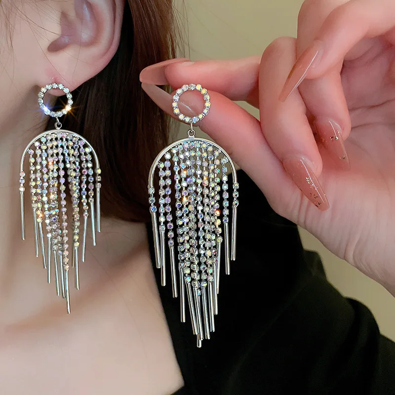 

1pair 2023 Fashion Exaggerated Long Tassel Crystal Dangle Earrings for Women Girls Bridal Party Wedding New Jewelry Accessories