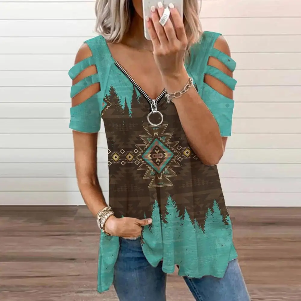 

Women's Sexy Zip Short Sleeve Top Casual Printed V-Neck Cutout Sleeve T-Shirt Loose Vintage Pullover