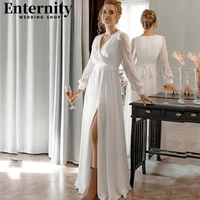 simple long sleeves wedding dress 2022 a line side slit v neck pleats civil bridal gowns pleats floor length zipper back