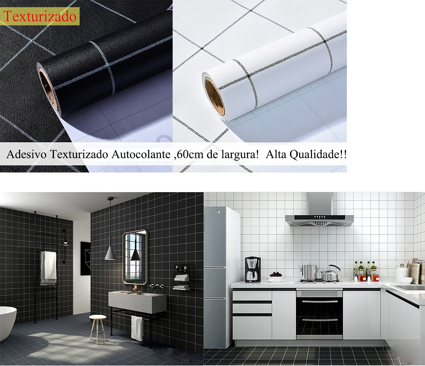 

Papel De Parede Adesivo Para Cozinha Banheiro Azulejo Quadrado 3MX60CM Texturizado Preto Branco