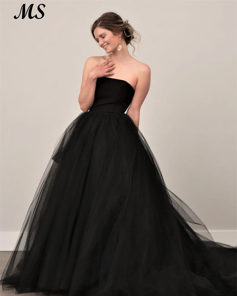 

MS A Line Black Tulle Wedding Dress For Women 2022 Bride Strapless Floor Length Robe De Mariee Simple Bridal Gowns Custom Made